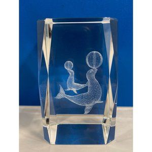 Crystal Paper Weight Seals Balancing Balls 3D Laser Etched Glass Cube/1990's